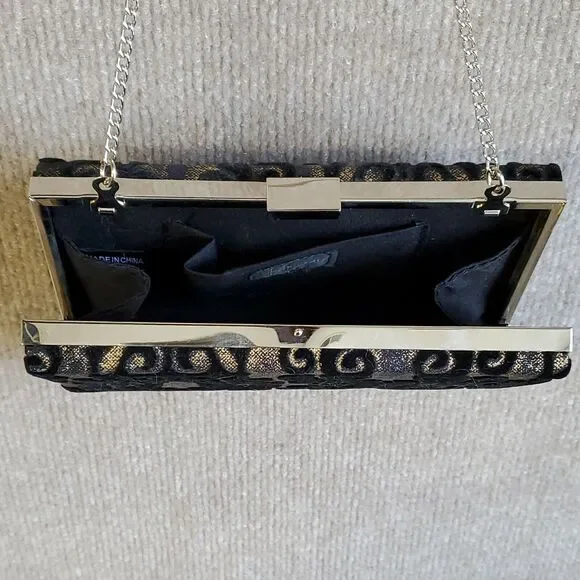 Evening Bag Clutch Purse Formal Black Velvet Baroque Metal Clasp Chain Strap - Picture 6 of 10